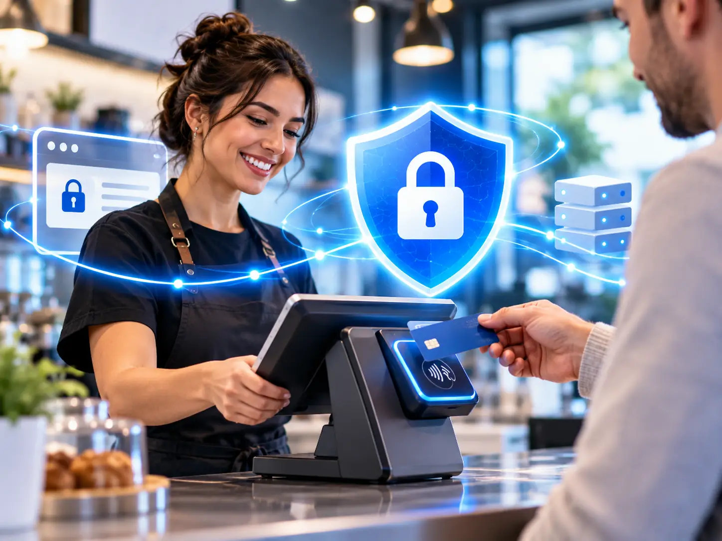 Cliente realizando un pago con tarjeta en una terminal POS, con un escudo digital que representa la seguridad SSL/TLS y HTTPS.